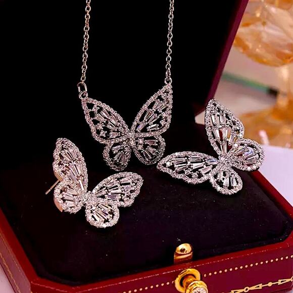 Platinum Butterfly Matching Zircon Necklace Earrings Ring Silver Set - Picture 10 of 10